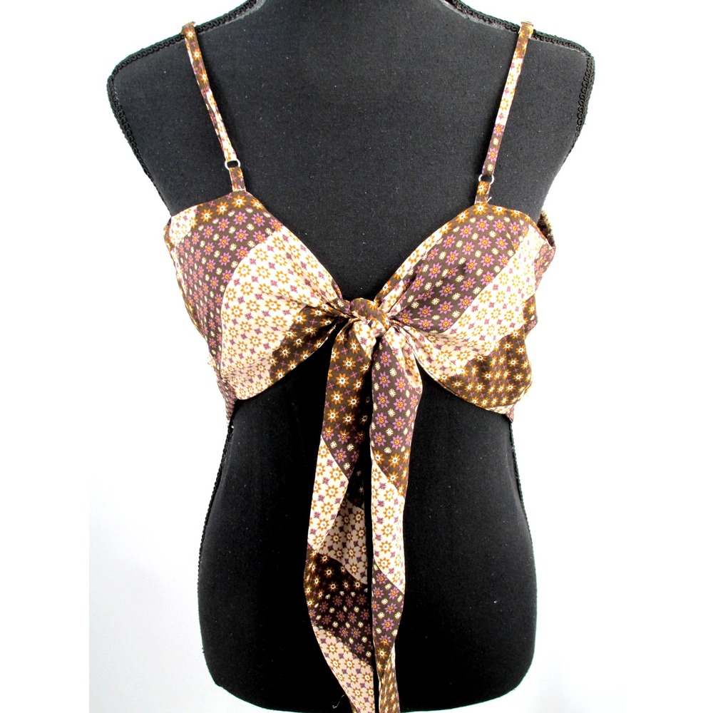 Papaya Brown Handkerchief Halter Top Large Tie Front Floral Blouse T3459-3